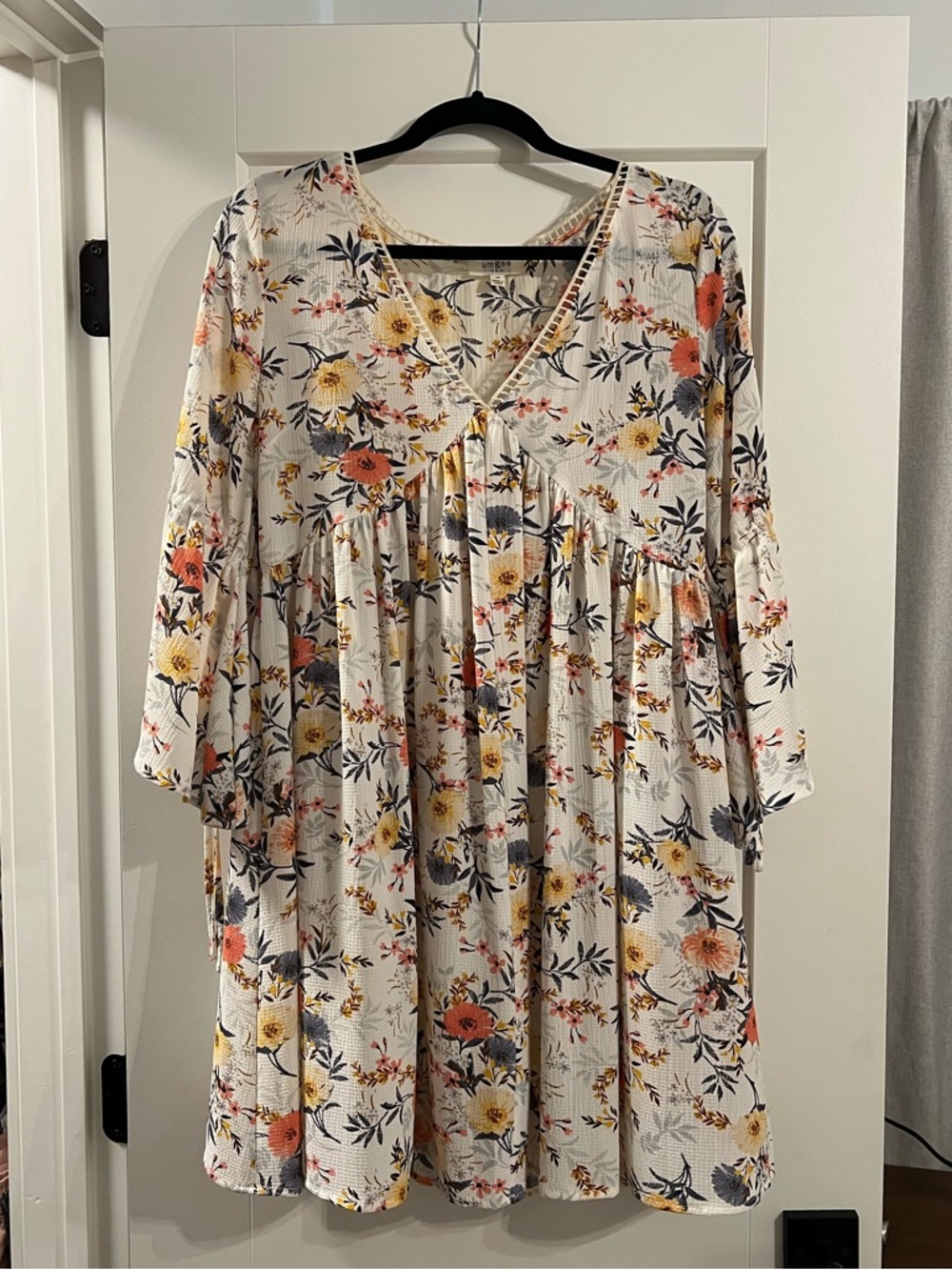 Umgee White Floral Midi Dress with Yellow & Coral Flowers